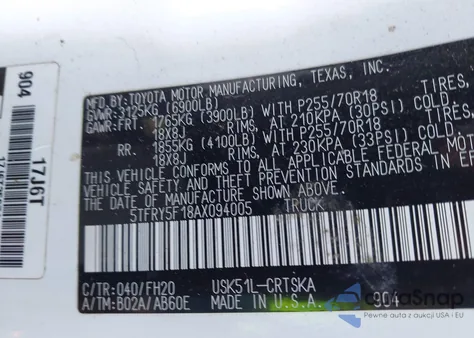 2010 Toyota Tundra Grade 5.7L V8 из США, поврежденный, VIN 5TFRY5F18AX094005